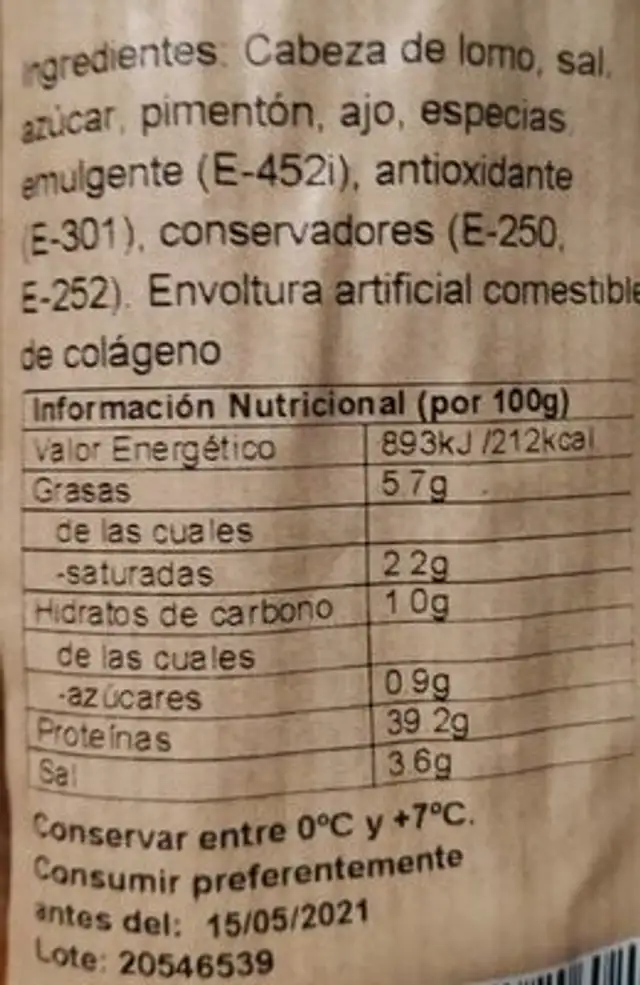 Collell, Cabecero lomo nutrition facts table