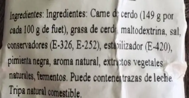 Fuet extra ingredients label