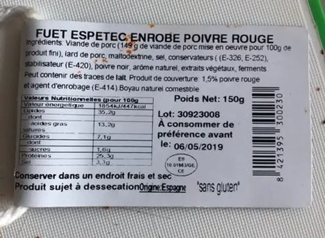 Porc ingredients label