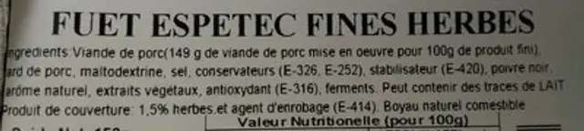 Fuet - Dünne,salami Séché à L'air Enrobé D'herbes - Ca. 160 GR ingredients label