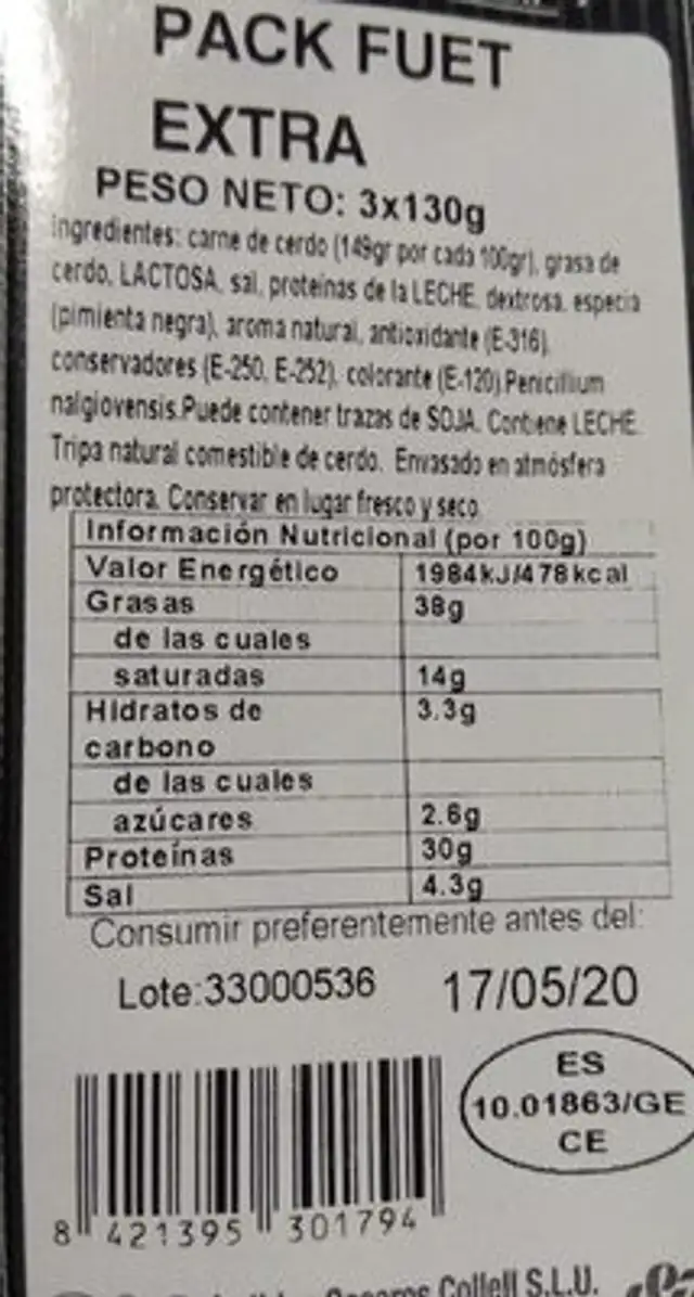 Fuera extra nutrition facts table