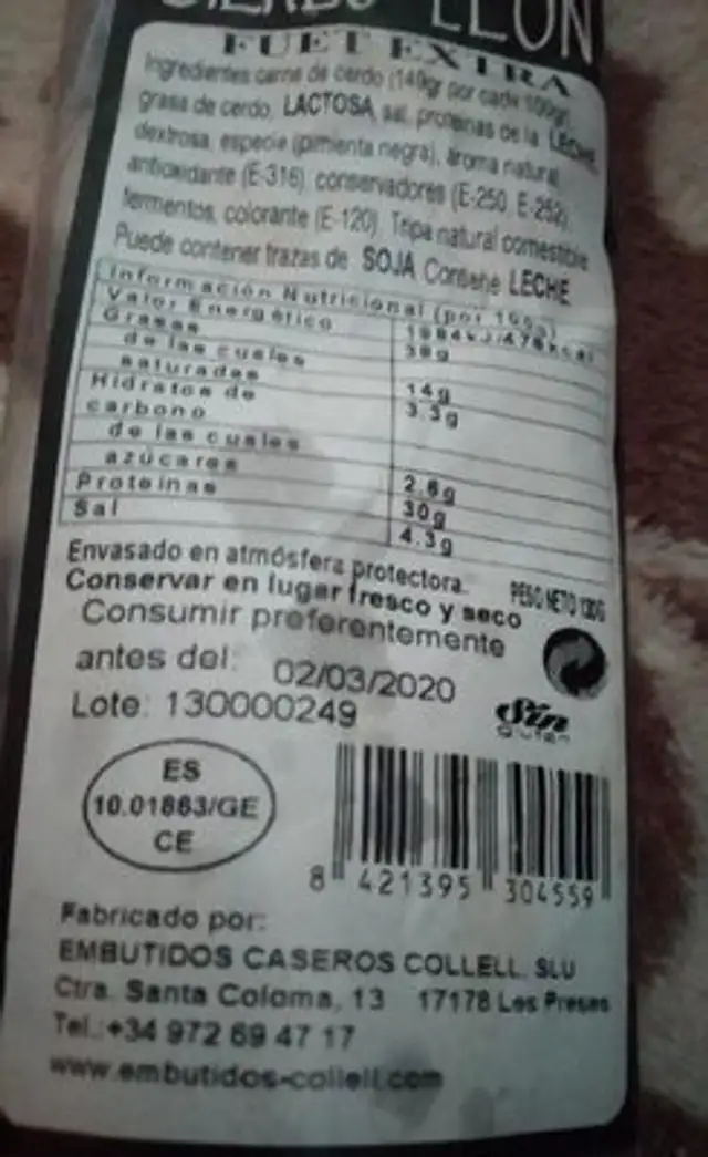 Fuet nutrition facts table