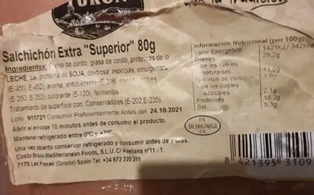 Salchichón extra superior nutrition facts table