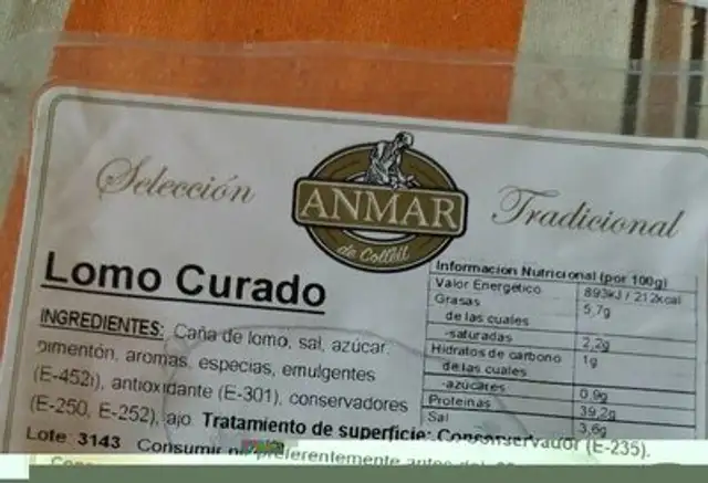 Lomo curado nutrition facts table