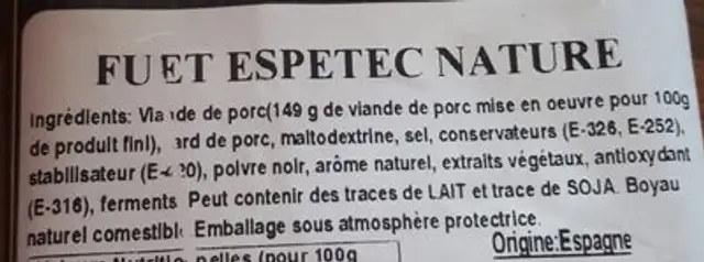 Fuet Espetec Nature ingredients label