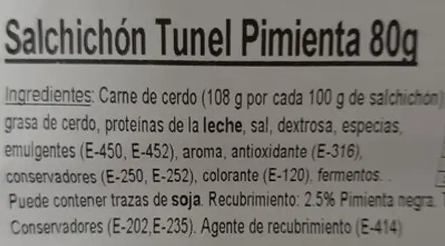 salchichon extra ingredients label