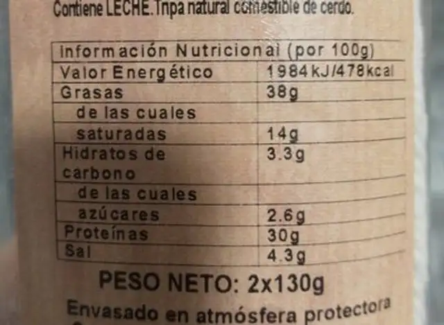 Fuet extra nutrition facts table