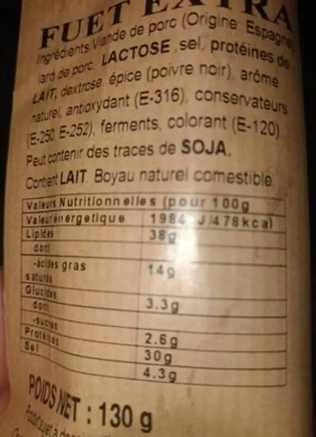 Fuet extra nutrition facts table