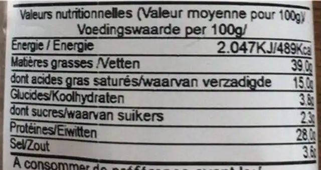 Saucisson nutrition facts table