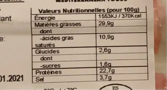 Salchichón nutrition facts table