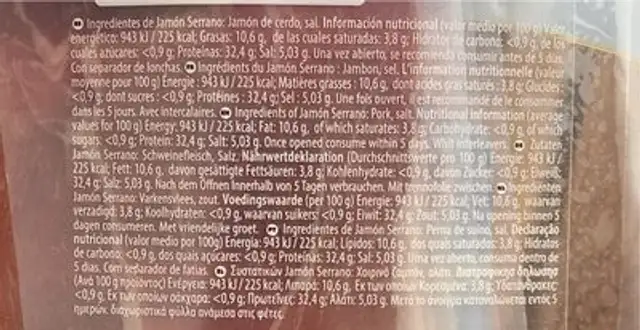 Jambon Serrano nutrition facts table
