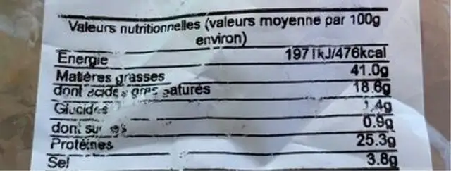 Tradicion nutrition facts table