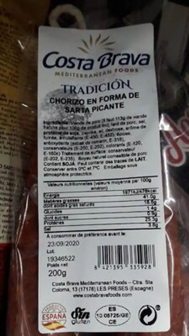 Chorizo tradicion nutrition facts table
