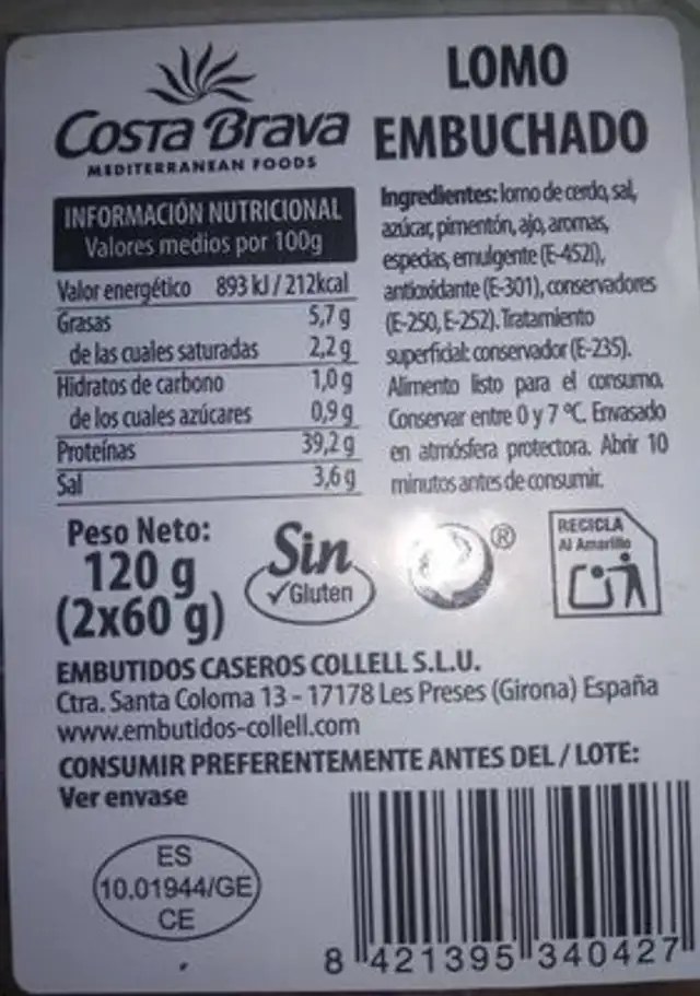 Lomo costra brava nutrition facts table