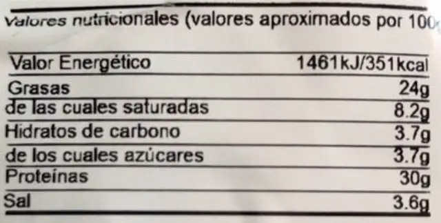Longaniza Payes nutrition facts table