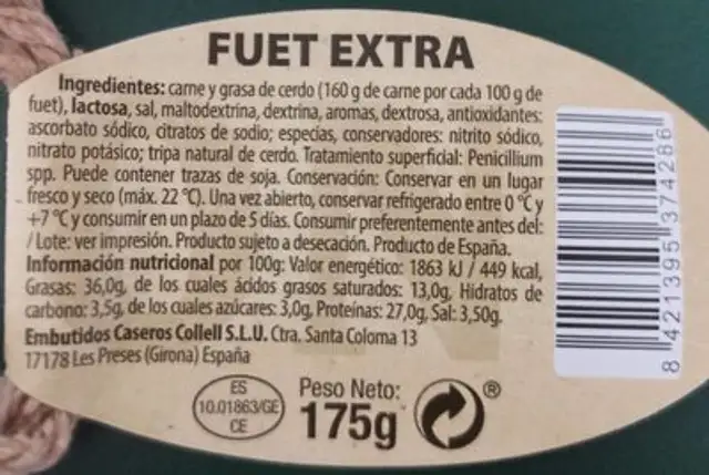 Fuet extra nutrition facts table
