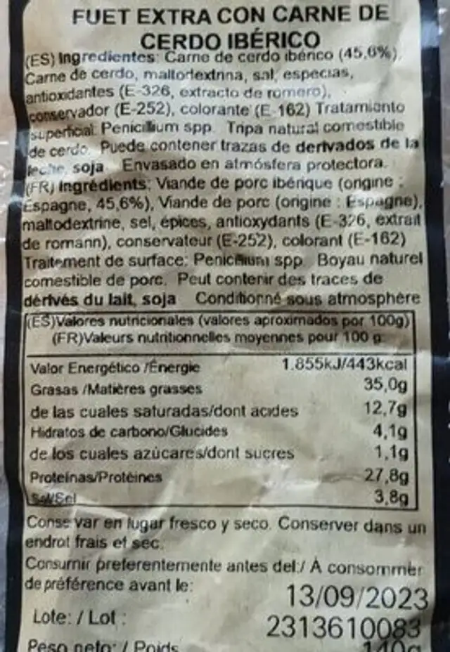 Fuet extra con carne de cerdo ibérico nutrition facts table
