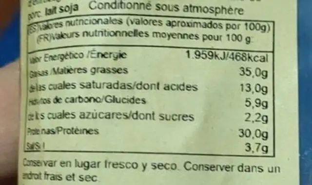 Fuet nutrition facts table