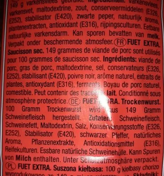 Fuet Extra ingredients label