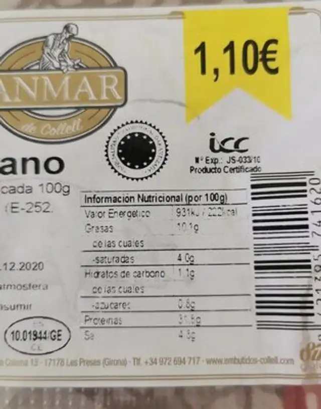 Jambon Serrano nutrition facts table