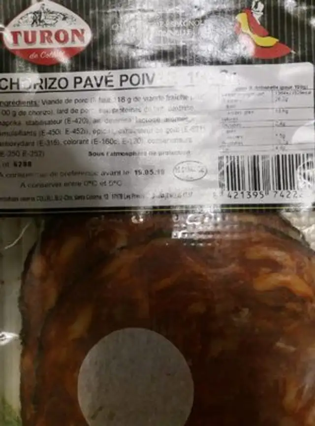 Chorizo Pavé ingredients label