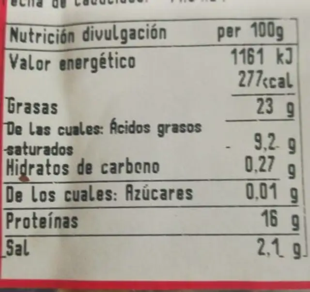 Camayot nutrition facts table