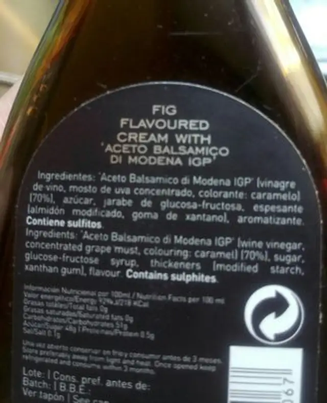 Vinagre Crema Aromatizada Higo Bot ingredients label