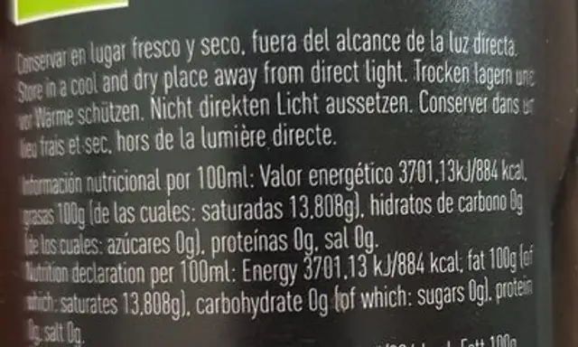 Aceite de oliva virgen Extra nutrition facts table