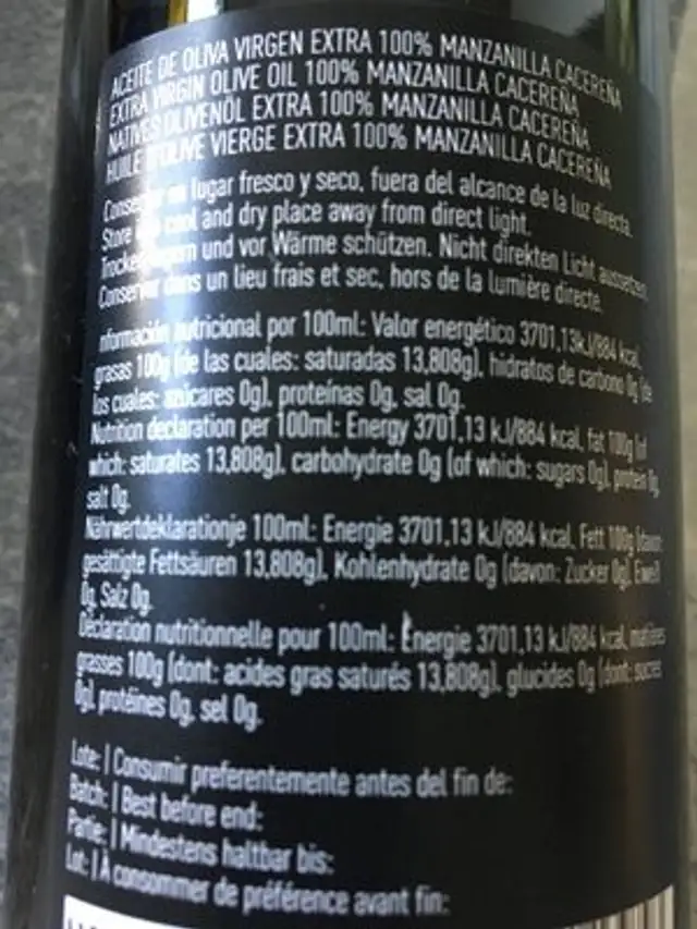 Aceite de oliva virgen extra ingredients label