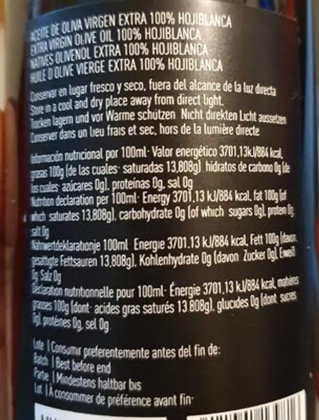 Aceite de oliva virgen extra Hojiblanca nutrition facts table