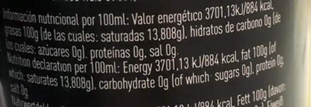 Aceite de oliva nutrition facts table