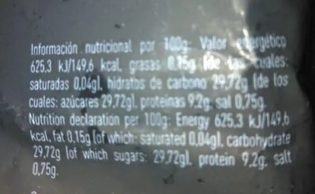 Regañas Rusticas nutrition facts table