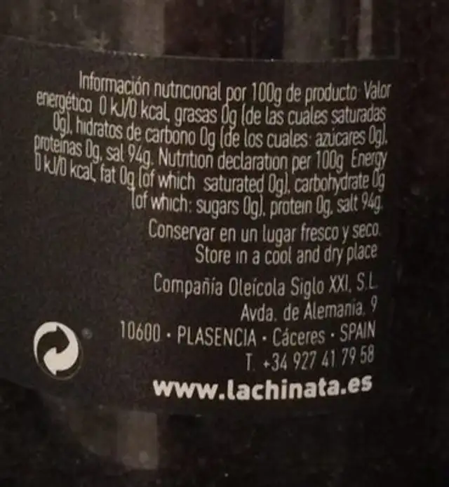 Flor de Sal Negra ingredients label