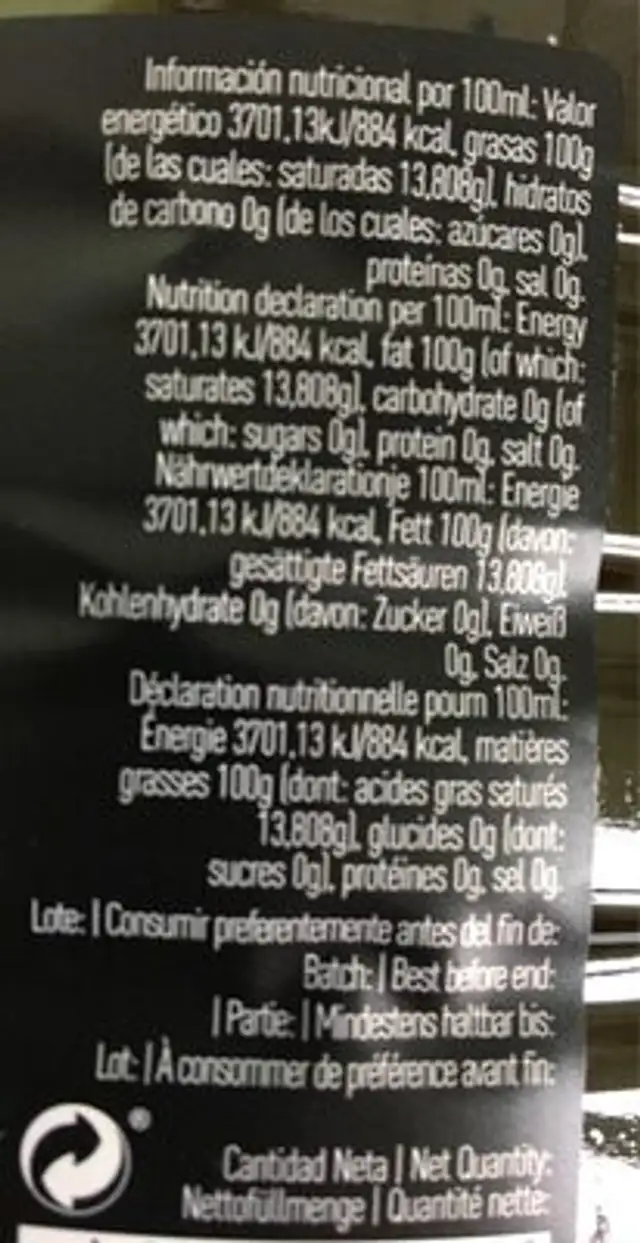 Aceite de oliva virgen extra "Manzanilla Cacereña" nutrition facts table