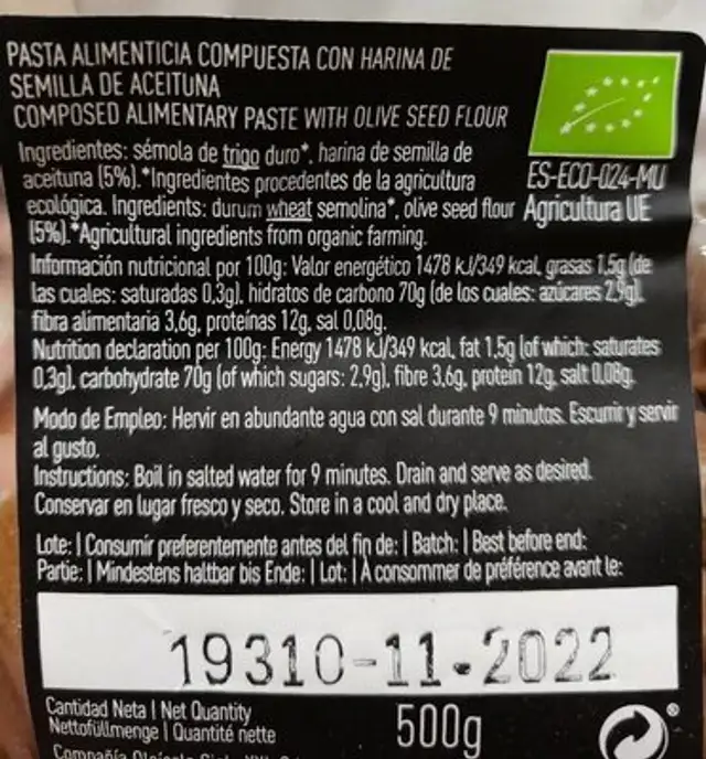 Macarrones con harina de aceituna nutrition facts table