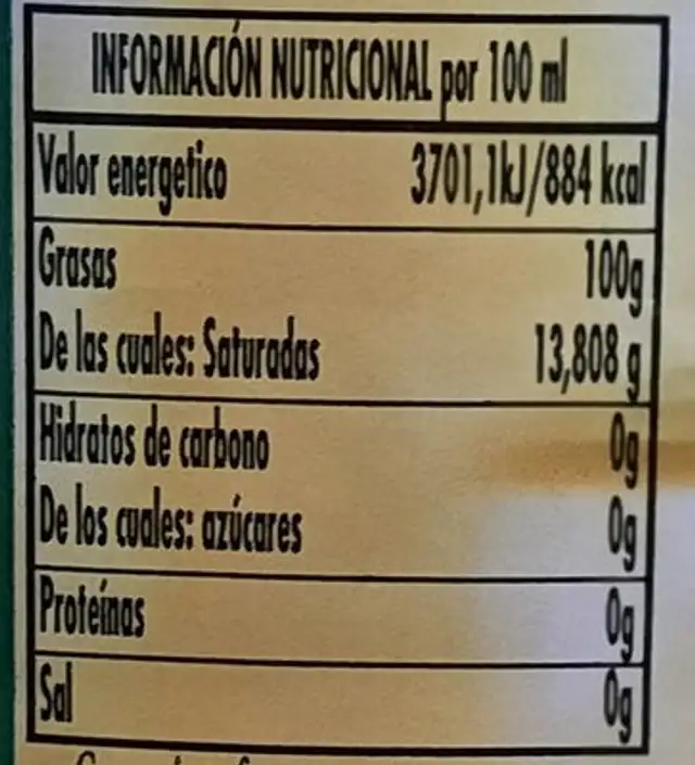 Aceite de oliva virgen nutrition facts table