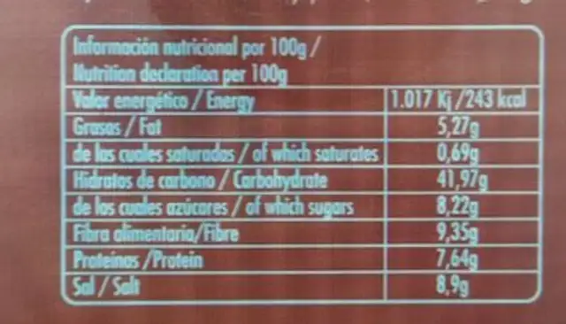Sazonador Paella nutrition facts table