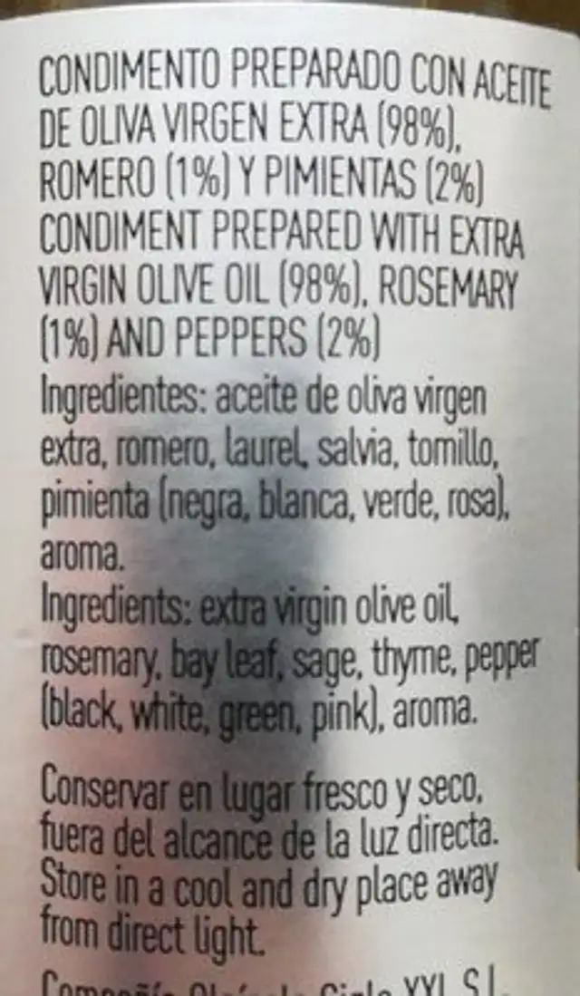 Aceité de oliva virgen extra Romero y pimientas ingredients label