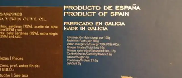 Sardinillas en Aceite de Oliva Virgen Extra nutrition facts table