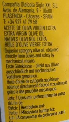 Aceite Oliva V / Extra Chinata Garrafa ingredients label