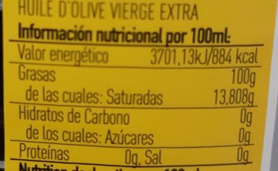 Aceite Oliva V / Extra Chinata Garrafa nutrition facts table
