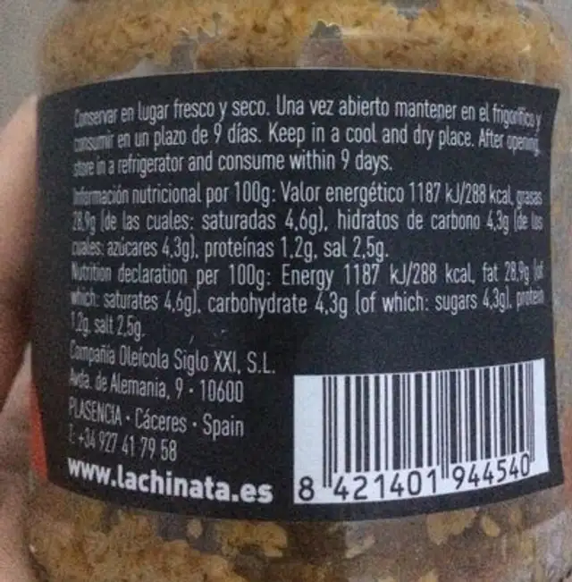 Crema de pimiento y aceituna ingredients label