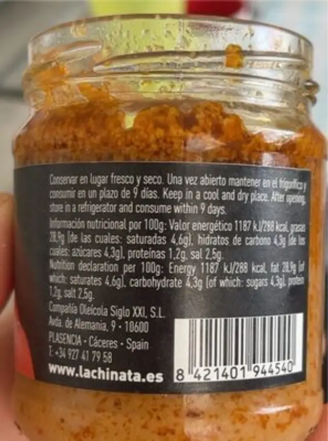 Crema de pimiento y aceituna nutrition facts table