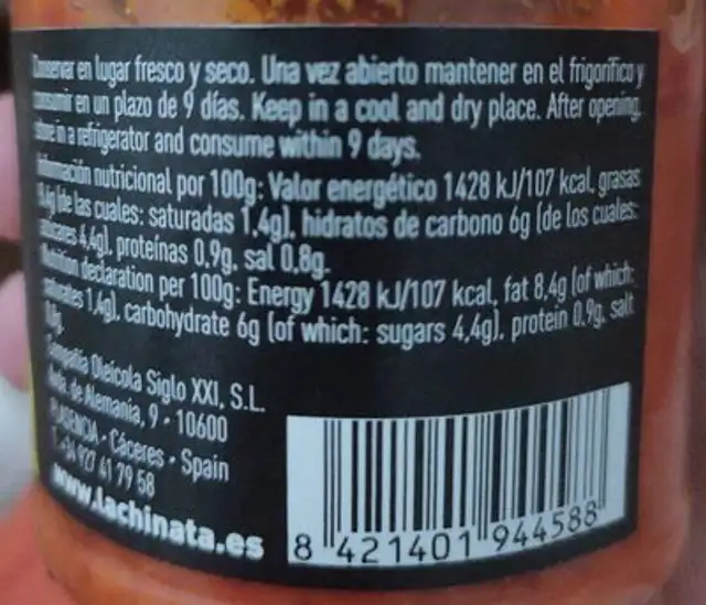 Crema de Pimiento Y Chilli nutrition facts table