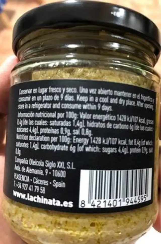Tapenade D'artichaut (La Chinata|caceres|180 GR. ) nutrition facts table