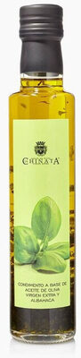 Condimento a base de aceite de oliva virgen extra y albahaca front packaging