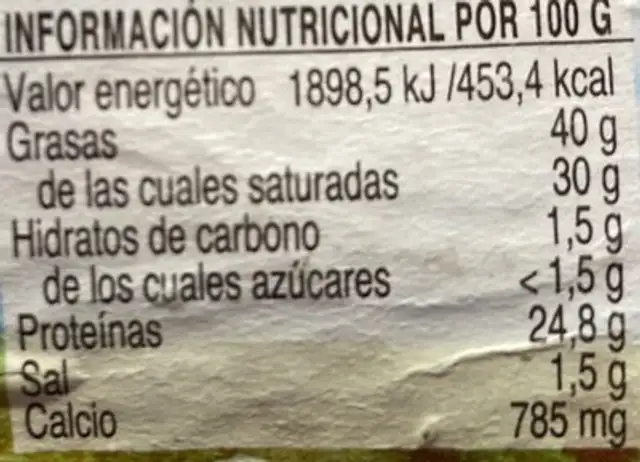 Queso curado nutrition facts table
