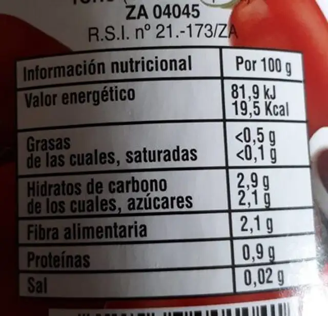 Tomate triturado primera nutrition facts table