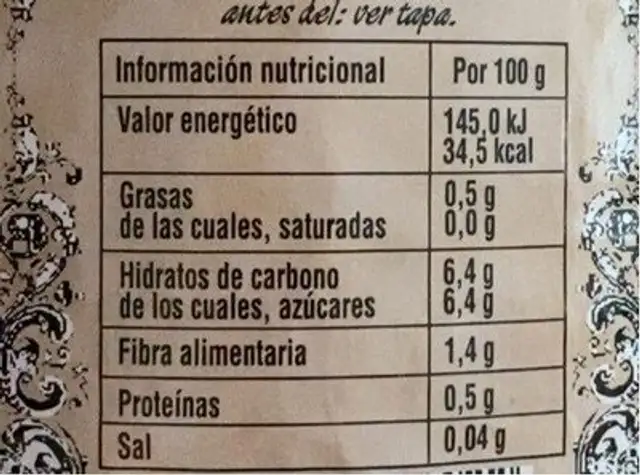 Melocotón en almibar nutrition facts table