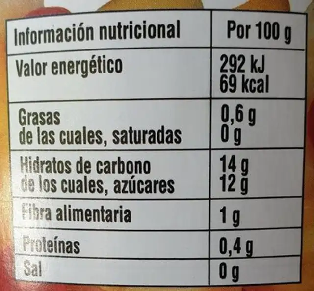Cóctel de frutas en almíbar ligero primera nutrition facts table